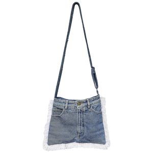 Upcycled Blue Denim Medium Trapezoid Flat Crossbody Bag Fringe Trim Vintage O_O